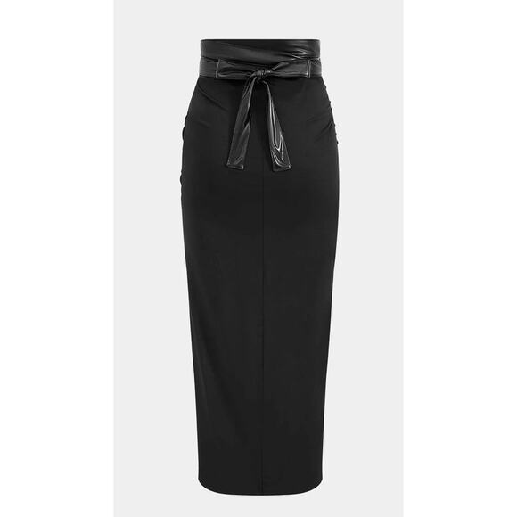 Micas Women's Medium Black Faux Leather Patchwork Ruched Tie Skirt - Picture 2 of 5